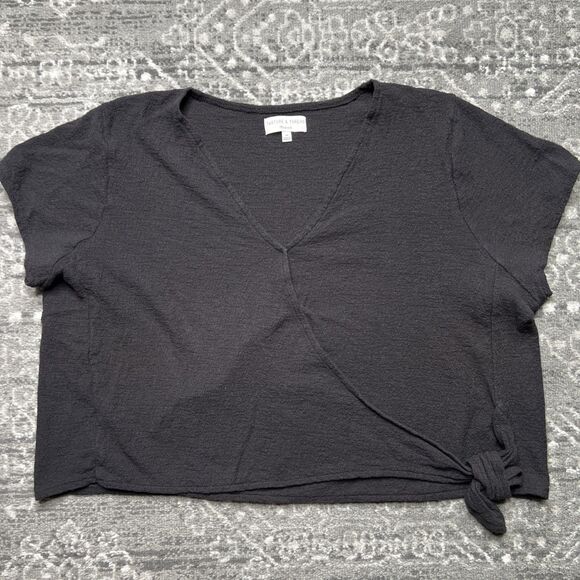 Texture Thread Madewell Women’s 3X Black Cropped Shirt Top Tie Front V Neck - Picture 1 of 7